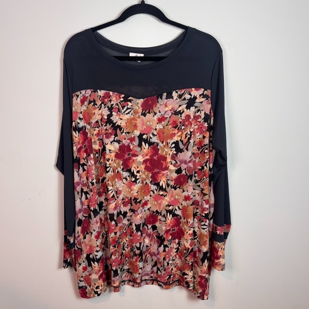 LOGO Layers Floral Contrast Sheer Black upper yoke & Sleeve Stretch Blouse 2X